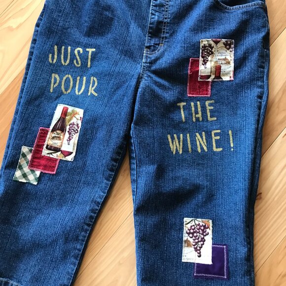 Upcycled Gloria Vanderbilt Patchwork Denim Capris Shorts, Painted Wine Theme, 14 - Picture 10 of 14